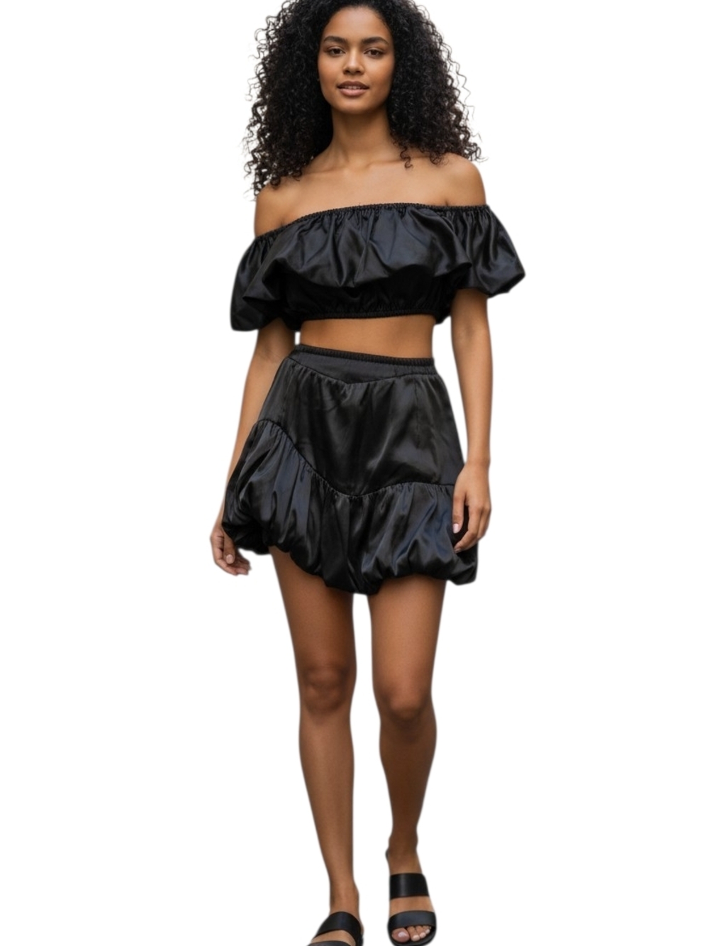 Satin Bubble Mini Skirt in Black